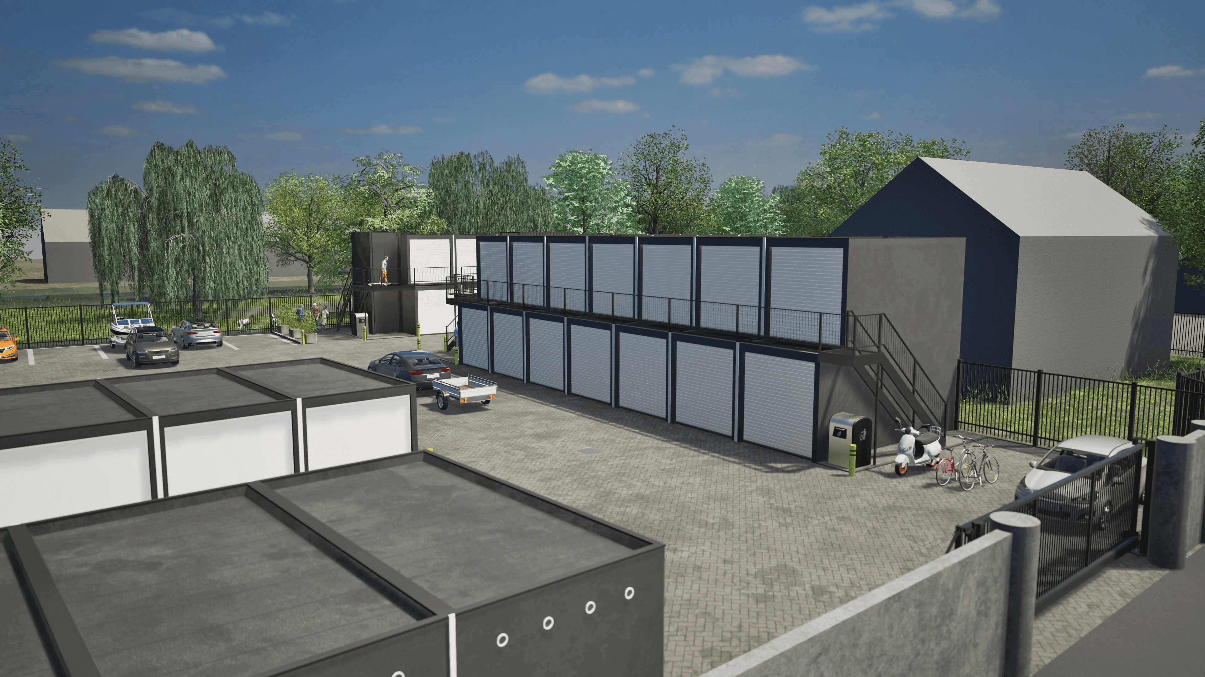 Moderne opslagunits op afgesloten terrein met parkeerplaatsen en fietsenstalling.